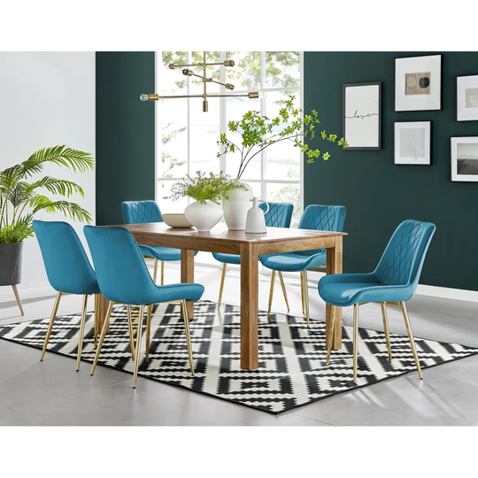 Anders Honey Solid Wood Dining Table & 6 Blue Pesaro Gold Leg Chairs
