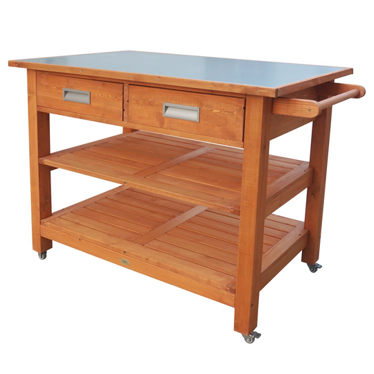 Jalapa 107cm Solid Wood Kitchen Trolley with Steel Top and Locking Wheels