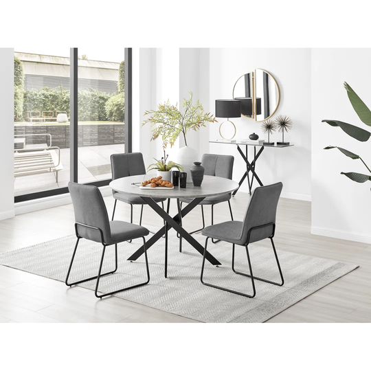 Novara Grey Concrete Effect Black Leg 120Cm Round Dining Table & 4 Dark Grey Halle Chairs