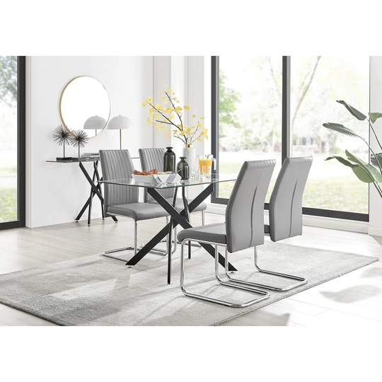 Leonardo Black Leg Glass Dining Table & 6 Grey Lorenzo Chairs