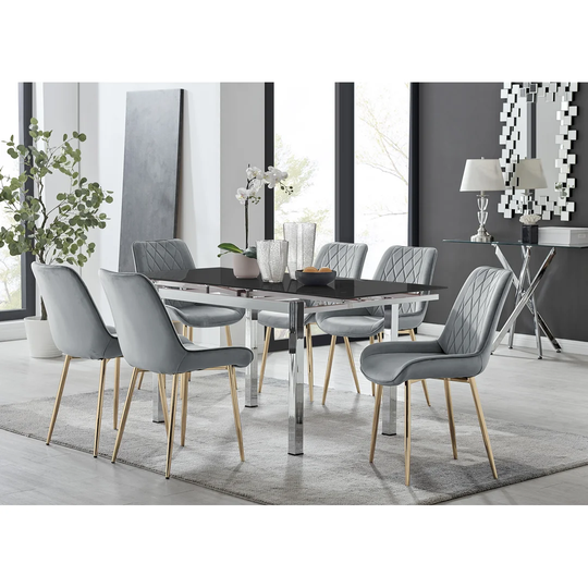 Enna Black Glass Extending Dining Table And 6 Grey Pesaro Gold Leg Chairs