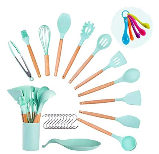 Cooking Utensils Set, Kitchen Utensils Set, Including Measuring Spoon Set, Placing Mat, Utensil Holder, Silicone Kitchen Utensil Set (Green)