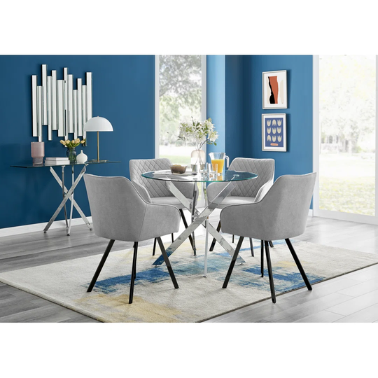 Novara 120Cm Round Glass Dining Table & 4 Light Grey Falun Black Leg Chairs