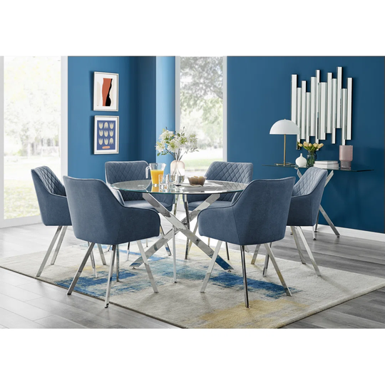 Novara 120Cm Round Glass Dining Table & 6 Blue Falun Silver Leg Chairs