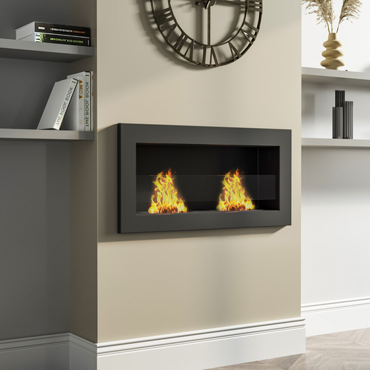 (90CM Black) Indoor Wall Mounted Recessed Bio Ethanol Fireplace Realistic Flame