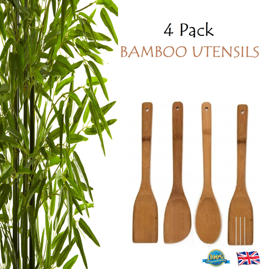 4 x BAMBOO UTENSILS Wooden Spoon Kitchen Cooking Utensils Tools Set