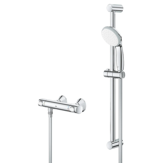 GROHE Precision Flow Wall mounted thermostatic mixer shower set 600mm shower rail with 1-spray easy clean hand shower Temperature safety button I Wate