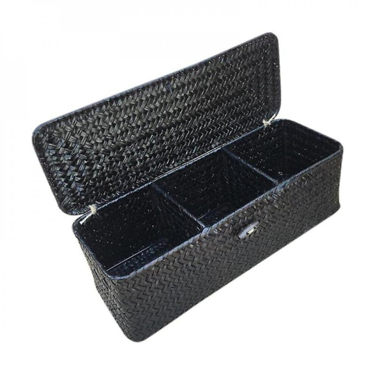 3 Compartment Storage Box Wicker Rattan Basket With Cover Organizer