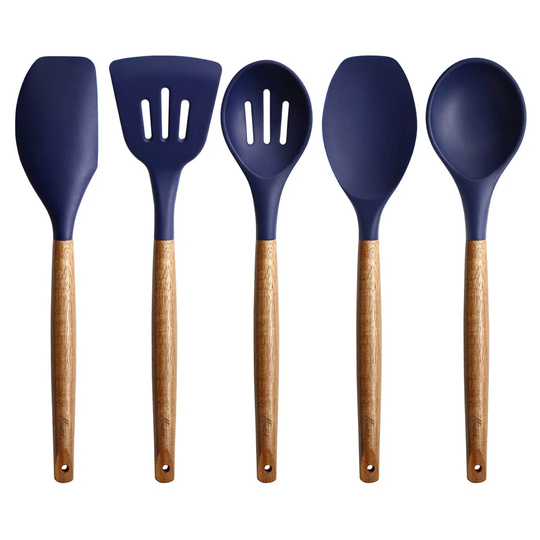 Non-Stick Cooking Spoon, Silicone Kitchen Utensils Set With Natural Acacia Hard Wood Handle, 5 Piece, Red, BPA Free, Baking & Serving Silicone Cooking