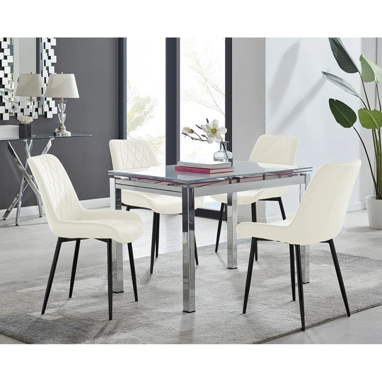 Enna Black Glass Extending Dining Table And 6 Black Pesaro Silver Leg Chairs