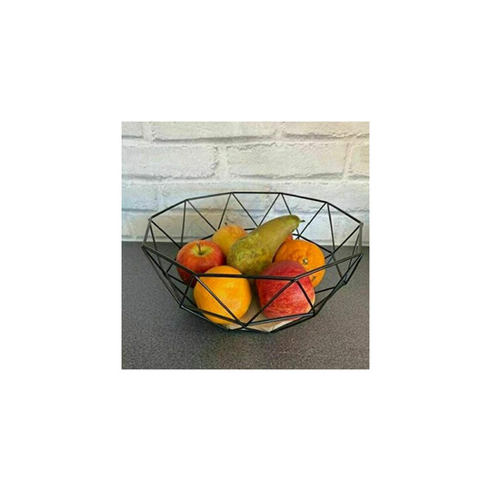 Black Geometric Metal Wire Basket Wooden Base Fruit Vegetable
