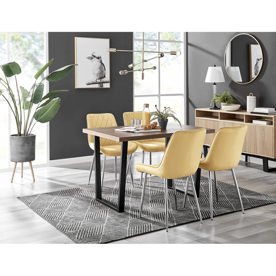 Kylo Brown Wood Effect Dining Table & 4 Mustard Pesaro Silver Leg Chairs