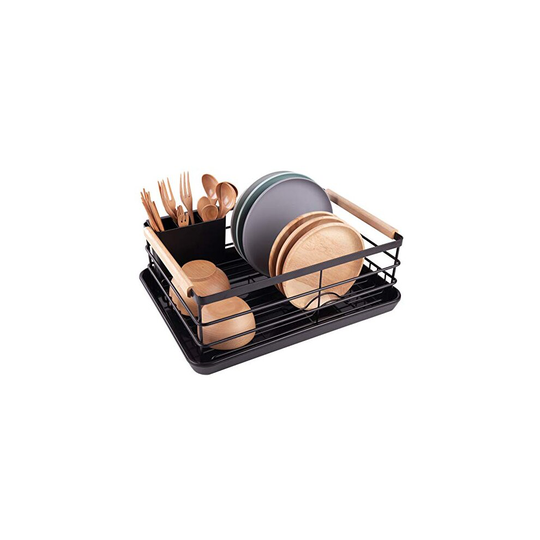 BRIAN & DANY Dish Drainer with Drip Tray, Wooden Handles, Black, 42 30 15 cm