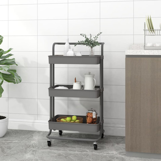 vidaXL 3-Tier Kitchen Trolley Grey Iron and ABS Bathroom Serving Cart Trolley