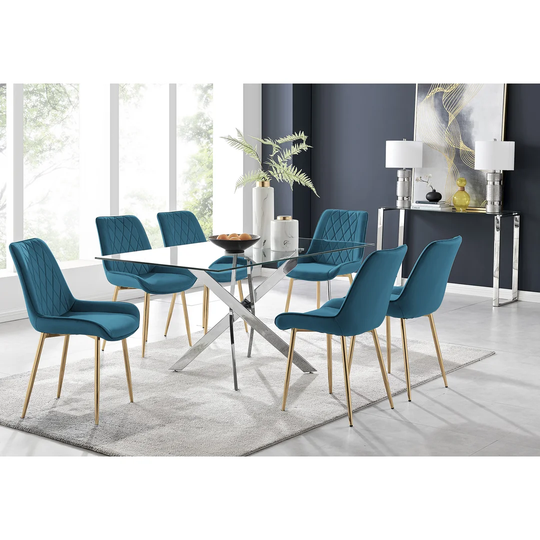 Leonardo 6 Dining Table And 6 Blue Pesaro Gold Leg Chairs