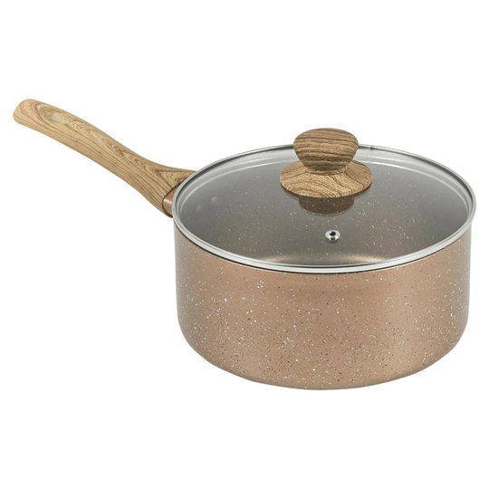 Belfry Kitchen Rose Gold Pots & Pans With Wood Look Handles[24Cm Frying Pan + 28Cm Frry Pan + 18Cm Sauce + 20Cm Sauce + Milkpan + Casserole Pot [84835