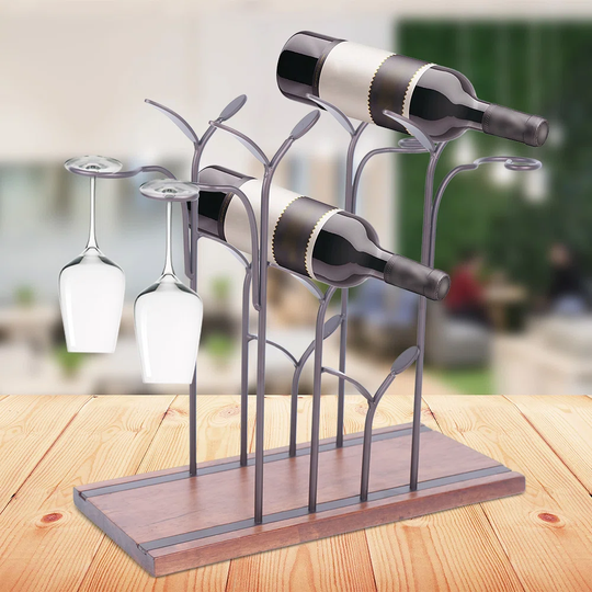 Arcelia 4 Bottle Tabletop Wine Bottle & Glass Rack in Silver