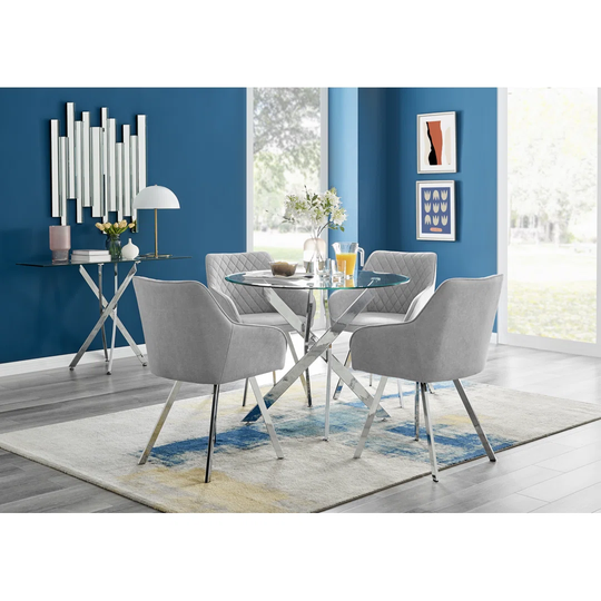 Novara Round Glass Dining Table & 4 Light Grey Falun Silver Leg Chairs