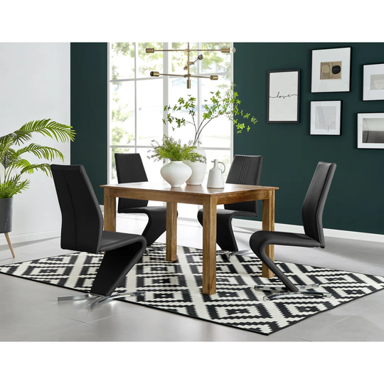 Anders Honey Solid Wood Dining Table & 4 Black Willow Chairs