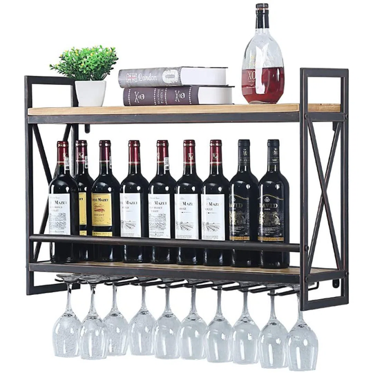 Industrial Wine Racks Wall Mounted With 8 Stem Glass Holder,31.5In Rustic Metal Hanging Wine Holder Wine Accessories,2-Tiers Wall Mount Bottle Holder