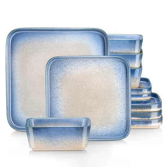 Vancasso Nebula 12-piece Stoneware Dinner Service Set Blue, Square Crockery Set For 4-12 People, With 4 Dinner Plates, Dessert Plates And 4 Bowls