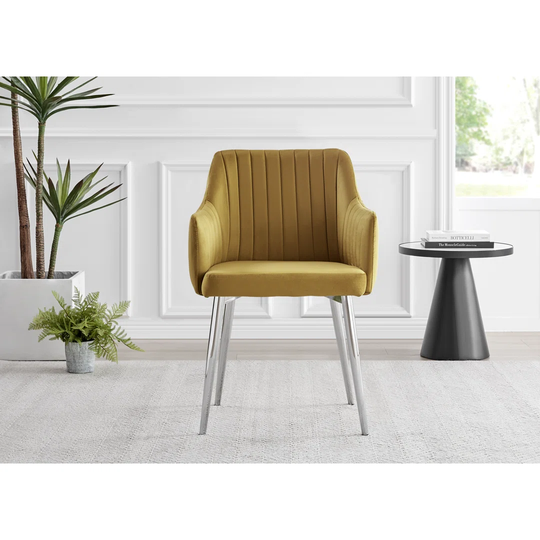 Leonardo Glass And Chrome Dining Table & 4 Mustard Calla Silver Leg Velvet Chairs