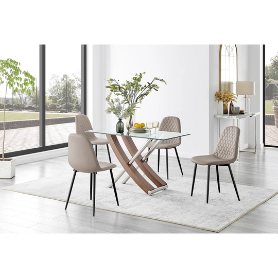 Mayfair Glass & Brown Wood Effect Dining Table & 4 Cappuccino Corona Black Leg Chairs