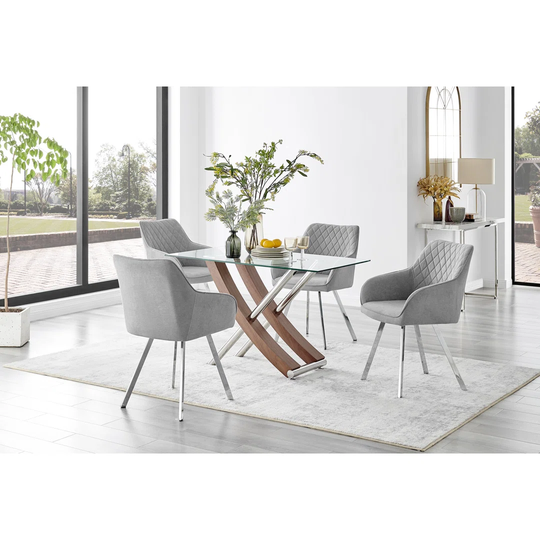Mayfair Glass & Brown Wood Effect Dining Table & 4 Light Grey Falun Silver Leg Chairs
