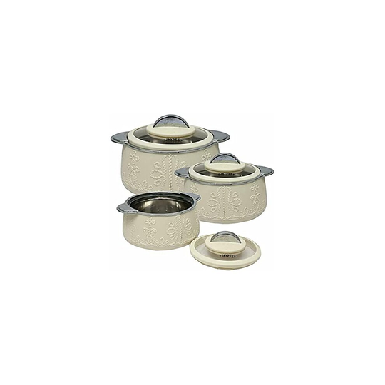 (Earth Beige) Jaypee 3pc Plastic Hot Pot GLASS LID Food Warmer Thermal Insulated Casserole Hotpot