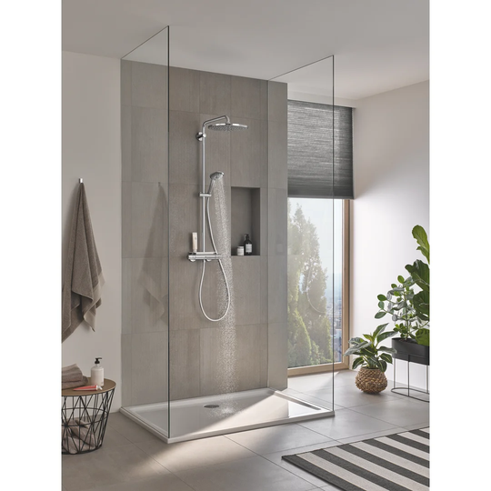 GROHE Vitalio Joy 310, Cool touch thermostatic mixer with Rain Shower, Swivel arm for perfect shower, 110mm 3 spray hand shower with easy clean nozzle