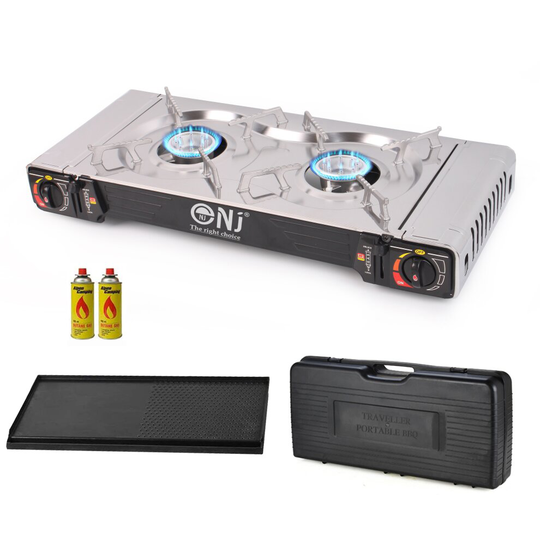 (2) NJ SG-2 Camping Gas Stove Portable Butane BBQ + Grill Plate & CASE