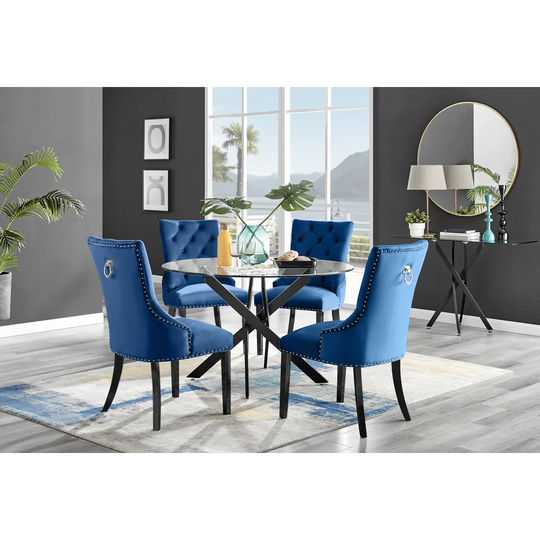 Novara Black Leg 120Cm Round Glass Dining Table & 4 Blue Belgravia Black Leg Chairs