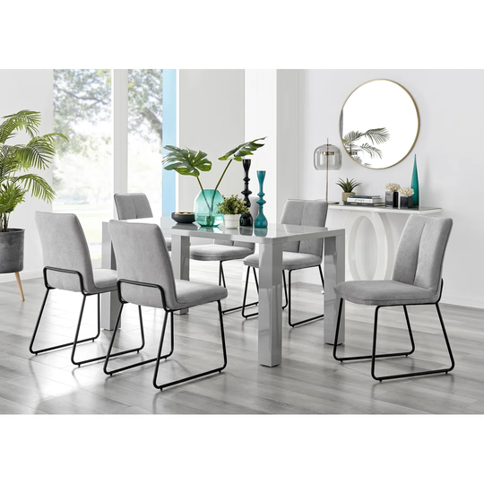 Pivero Grey High Gloss Dining Table & 6 Light Grey Halle Chairs