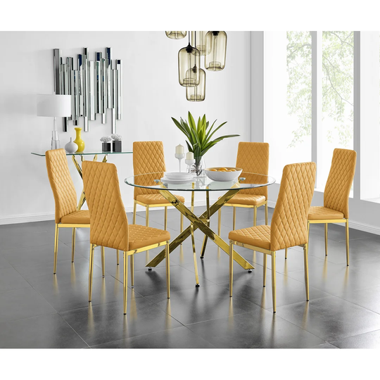 Tierra 120Cm Gold Round Dining Table And 6 Mustard Gold Leg Chairs