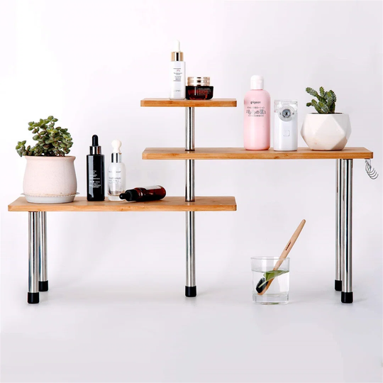 3 Tier Kitchen Corner Shelf Desktop Bamboo Shelving Organiser Spice Storage Rack, Space Saving Organizer Corner Bookshelf For Kitchen, Home, Office Wi