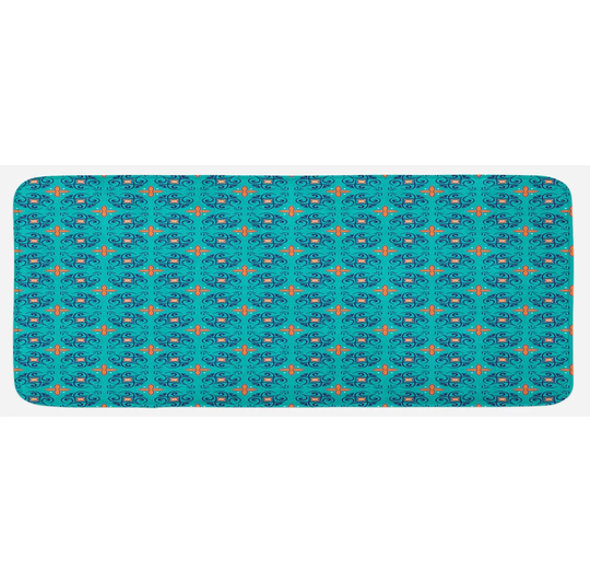 Kadence Orange and Turquoise Motifs Curves Kitchen Mat