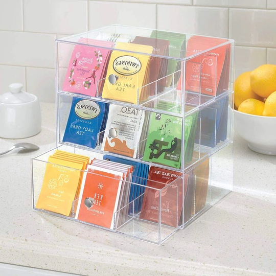 Storage box for tea bags, coffee pods, sugar etc. - compact tea box made of plastic with 27 compartments - kitchen organizer with 3 drawers