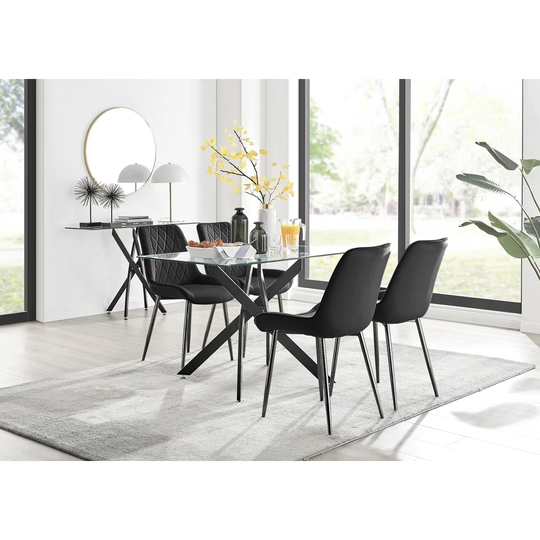Leonardo Black Leg Glass Dining Table & 4 Black Pesaro Black Leg Chairs