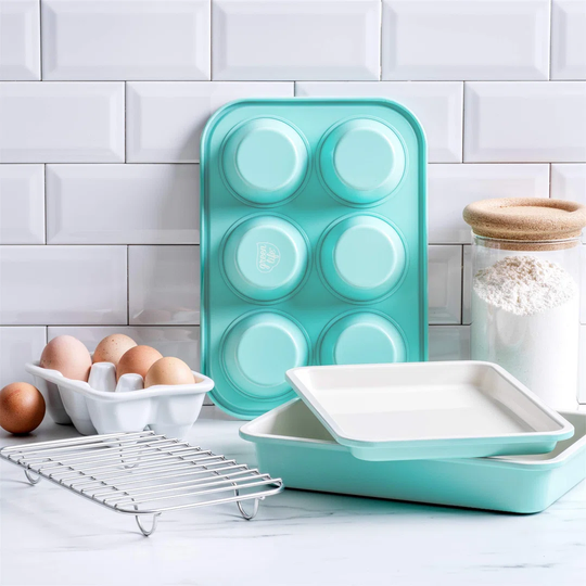 Non-Stick Bakeware Set, 4 Pieces, PFAS Free, Turquoise