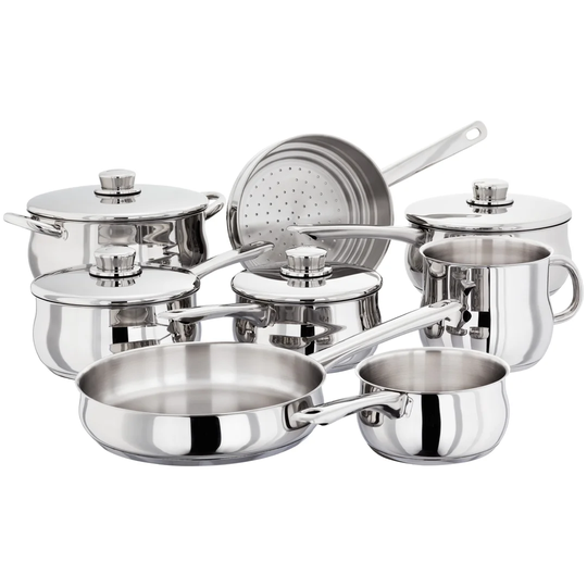 Stellar 1000 8 Piece Stainless Steel Pan Set, 14 Milk Pan, 14cm Sauce-Pot, 16/18/20cm Saucepans, 24 Casserole, 24 Frying Pan, 2 in 1 Steamer/colander