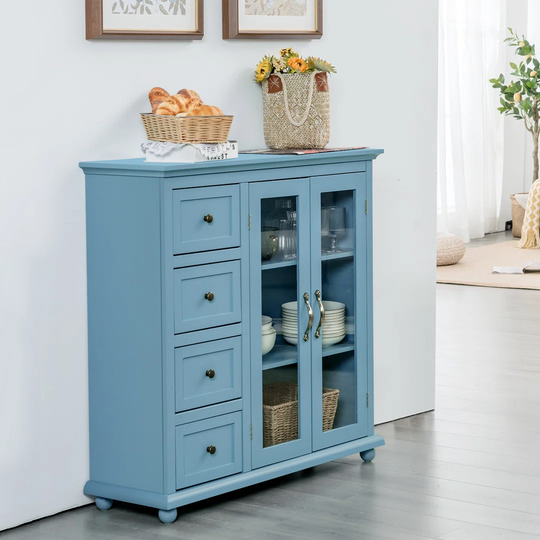 2-Door Buffet Sideboard Modern Pantry Cupboard With Tempered Glass Cabinet & 4 Drawers