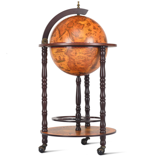360MM Wood Globe Wine Cabinet Bottles Storage Rack w/ 360 Degree Rotatable Wheels