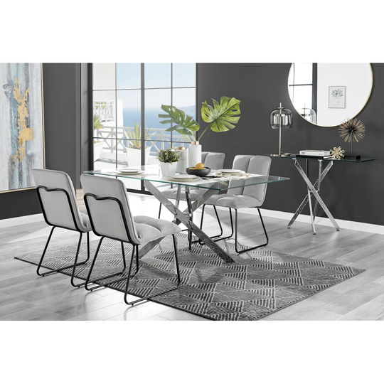 Leonardo Glass And Chrome Dining Table & 4 Light Grey Menen Chairs