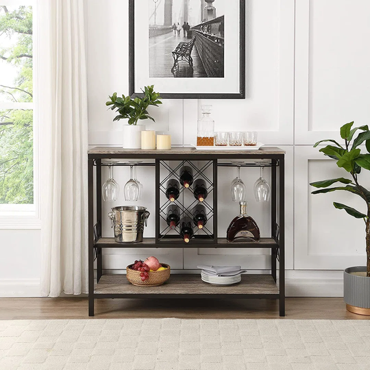 Industrial Wine Rack Table For Liquor And Glasses, Coffee Bar Cabinet With Wine Rack, Wine Storage Stand With Bottle Shelf For Buffet, Dining Room, Li