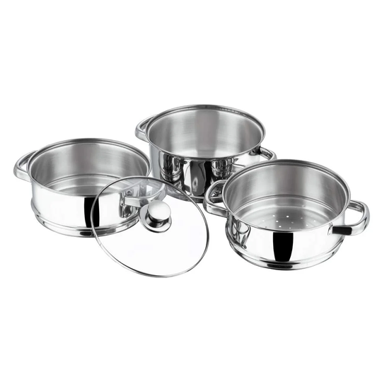 3PC 20CM INDUCTION STAINLESS STEEL STEAMER COOKER POT SET GLASS LIDS 3 TIER PAN