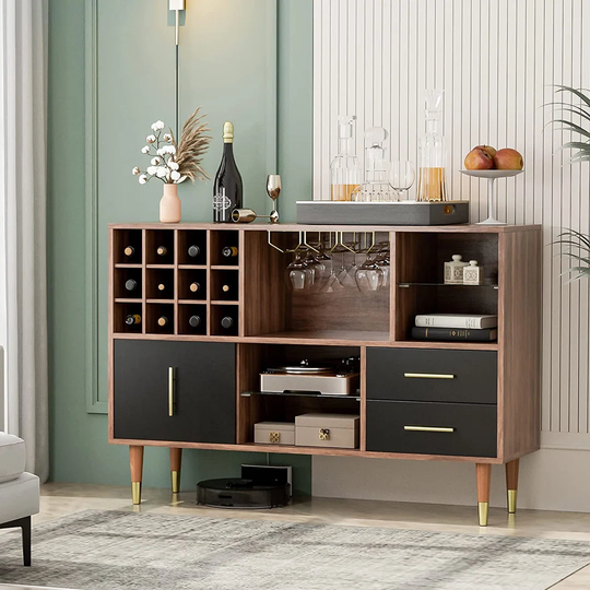 Accent Kitchen Buffet Sideboard With Storage, Wood Cabinet Server Cupboard With 12 Wine Bottle Rack, Stemware Holder And Drawers, Console Table For Ki