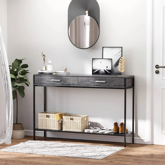 Console Table Worktop Bottom Shelf Home Two Drawer Industrial Minimal Style Oak Wood Tone Effect