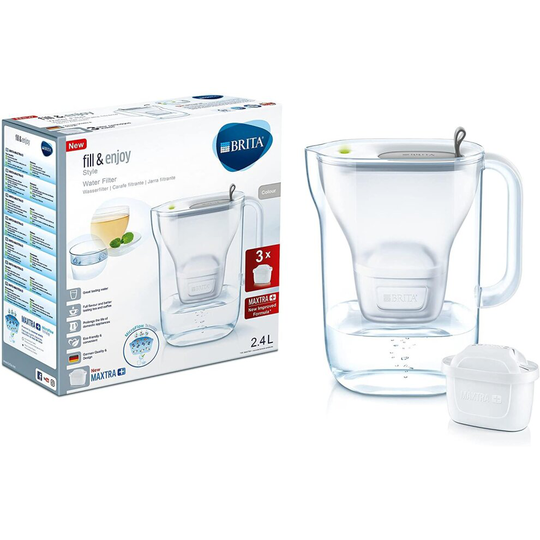 Brita Style Water Filter Jug with 3 Maxtra+ Cartridges, Slim Fridge Design, Grey
