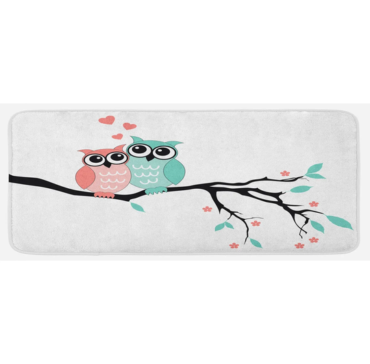 Teal And White Kitchen Mat Owl Couple