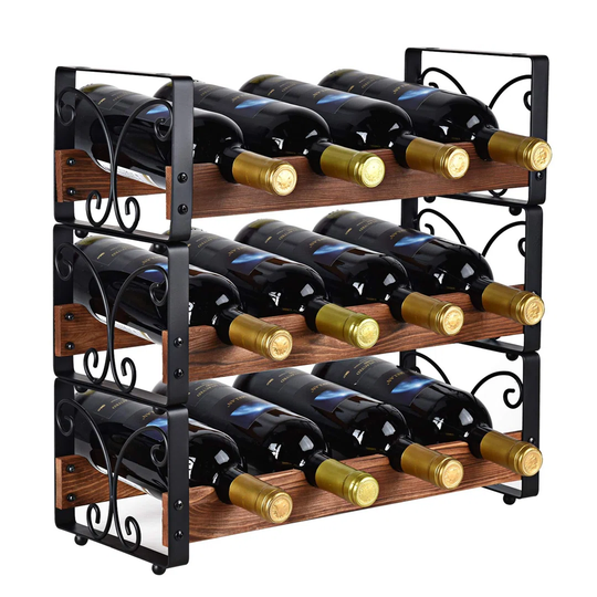 3 Tier Stackable Wine Rack Freestanding 12 Bottles Organizer Holder Stand Countertop Liquor Storage Shelf Solid Wood & Iron 16.5" L X 7.0" W X 16.5" H
